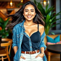 A beautiful Malaysian woman, 26 years old, with very large breasts, embodying a relaxed and playful demeanor