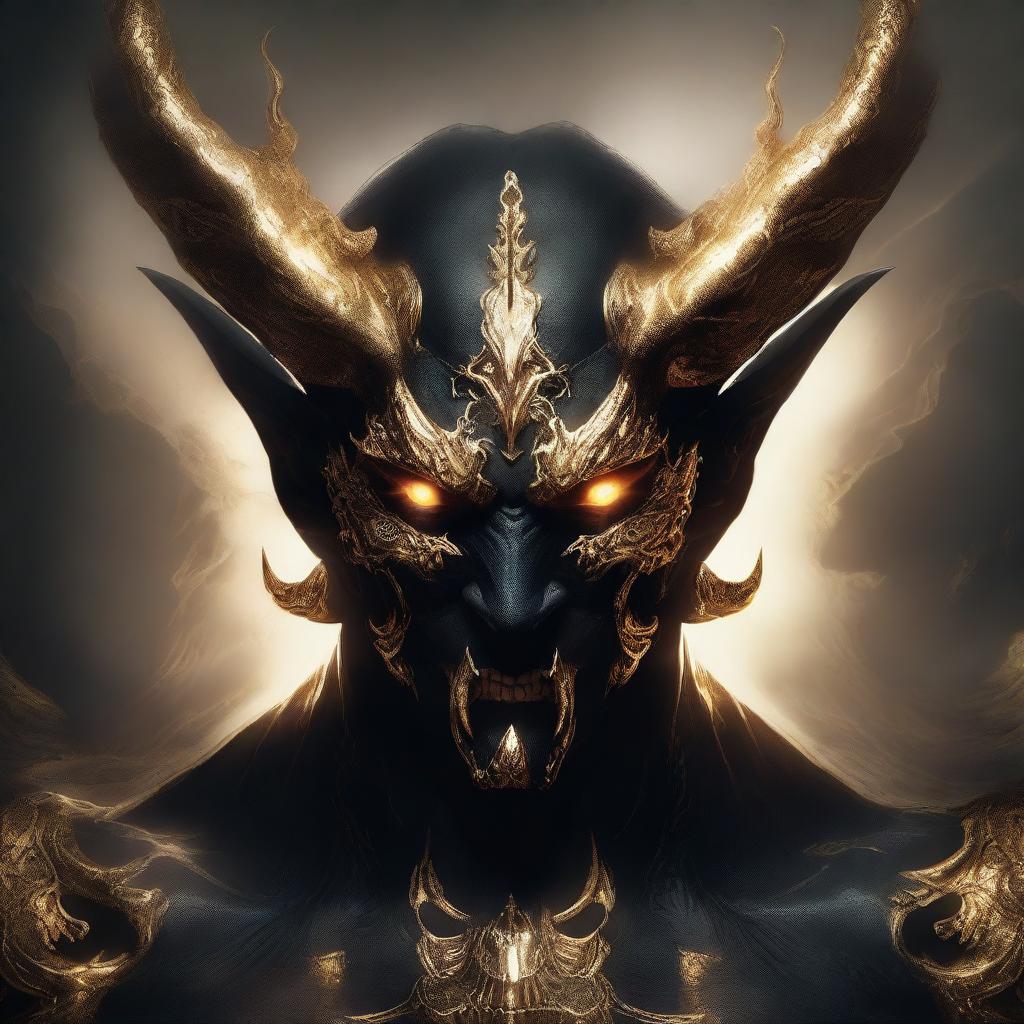 A high-quality digital art image portraying a demon with dark, penetrating eyes, adorned in gold