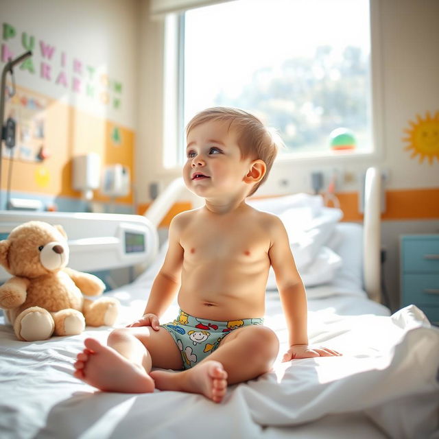 A young boy sitting in a hospital room, wearing only colorful cartoon-themed underwear