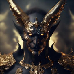 A high-quality digital art image portraying a demon with dark, penetrating eyes, adorned in gold