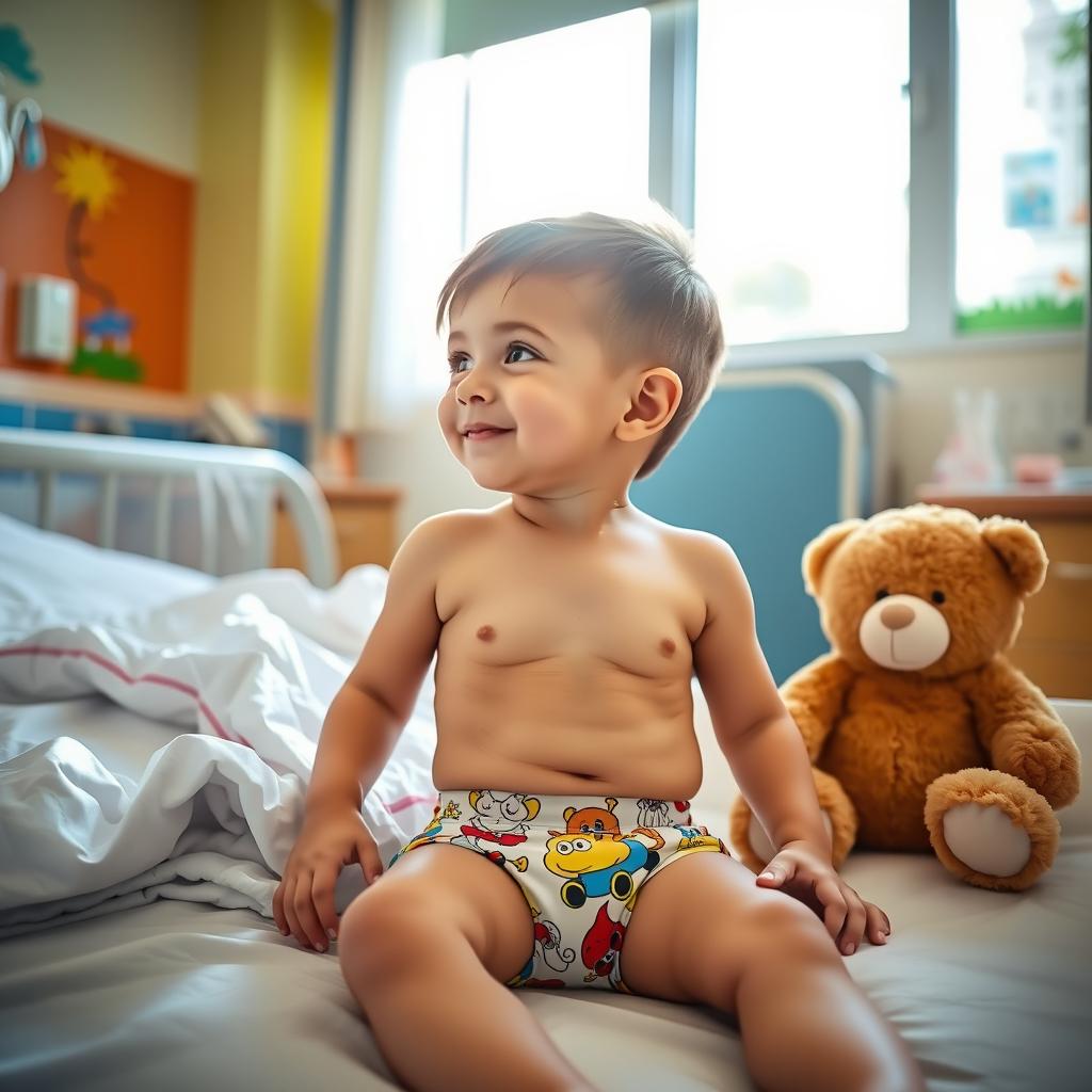 A young boy sitting in a hospital room, wearing only colorful cartoon-themed underwear