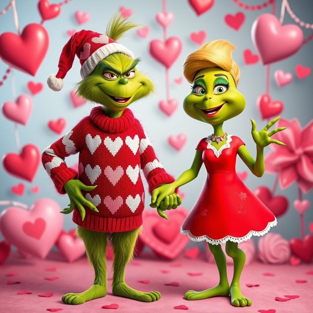 The Grinch, a mischievous green character with a sly grin, is joyfully holding hands with a female Grinch, both dressed in festive Valentine's Day outfits