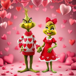 The Grinch, a mischievous green character with a sly grin, is joyfully holding hands with a female Grinch, both dressed in festive Valentine's Day outfits