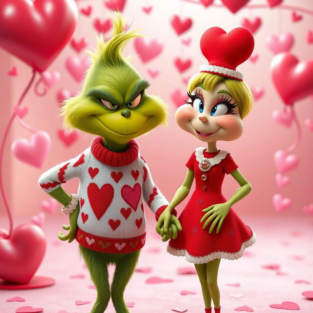 The Grinch, a mischievous green character with a sly grin, is joyfully holding hands with a female Grinch, both dressed in festive Valentine's Day outfits