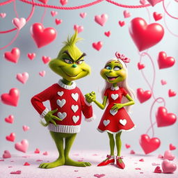 The Grinch, a mischievous green character with a sly grin, is joyfully holding hands with a female Grinch, both dressed in festive Valentine's Day outfits