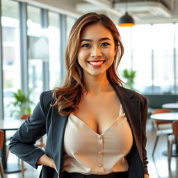 A beautiful Singaporean-Korean woman, 26 years old, with very large breasts, embodying a relaxed and playful attitude
