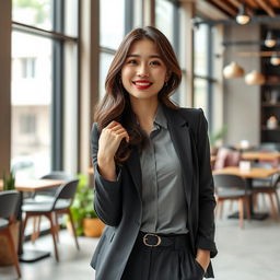 A beautiful Singaporean-Korean woman, 26 years old, with very large breasts, embodying a relaxed and playful attitude