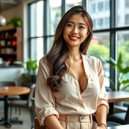 A beautiful Singaporean-Korean woman, 26 years old, with very large breasts, embodying a relaxed and playful attitude