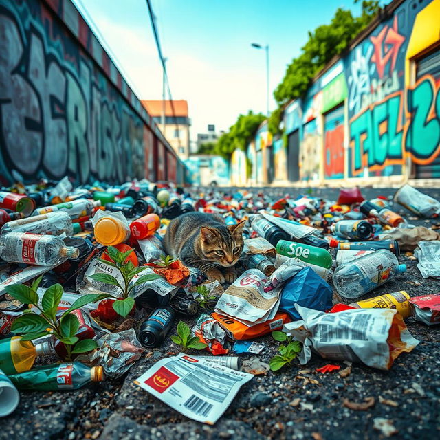 A colorful and chaotic urban street scene filled with various types of litter such as plastic bottles, fast food wrappers, and discarded newspapers