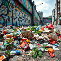 A colorful and chaotic urban street scene filled with various types of litter such as plastic bottles, fast food wrappers, and discarded newspapers