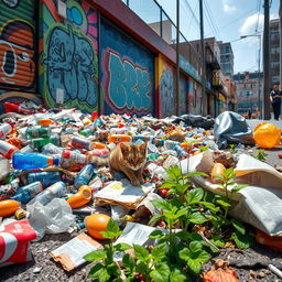 A colorful and chaotic urban street scene filled with various types of litter such as plastic bottles, fast food wrappers, and discarded newspapers