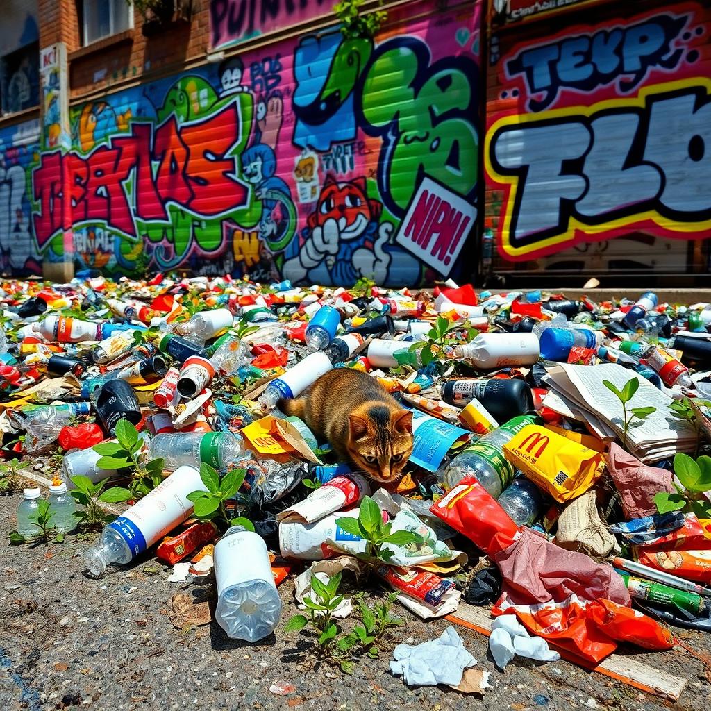 A colorful and chaotic urban street scene filled with various types of litter such as plastic bottles, fast food wrappers, and discarded newspapers