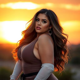 A stunning portrait of a voluptuous woman with a curvy figure, showcasing her confidence and beauty