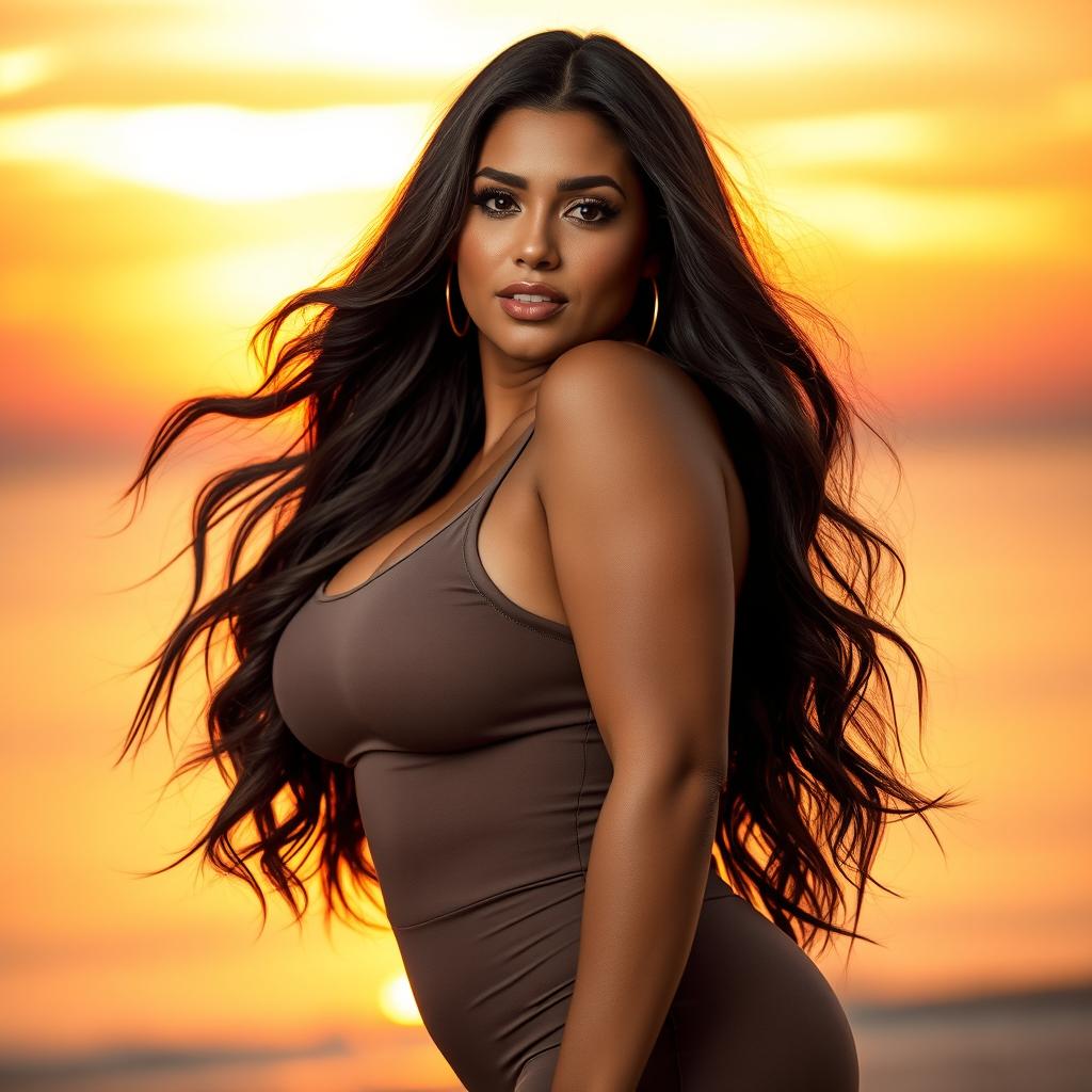 A stunning portrait of a voluptuous woman with a curvy figure, showcasing her confidence and beauty