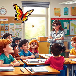 A vibrant classroom scene filled with ten diverse students of different ethnicities, gazing in awe at a colorful butterfly that has just fluttered in through a window