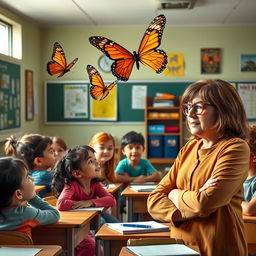 A vibrant classroom scene filled with ten diverse students of different ethnicities, gazing in awe at a colorful butterfly that has just fluttered in through a window
