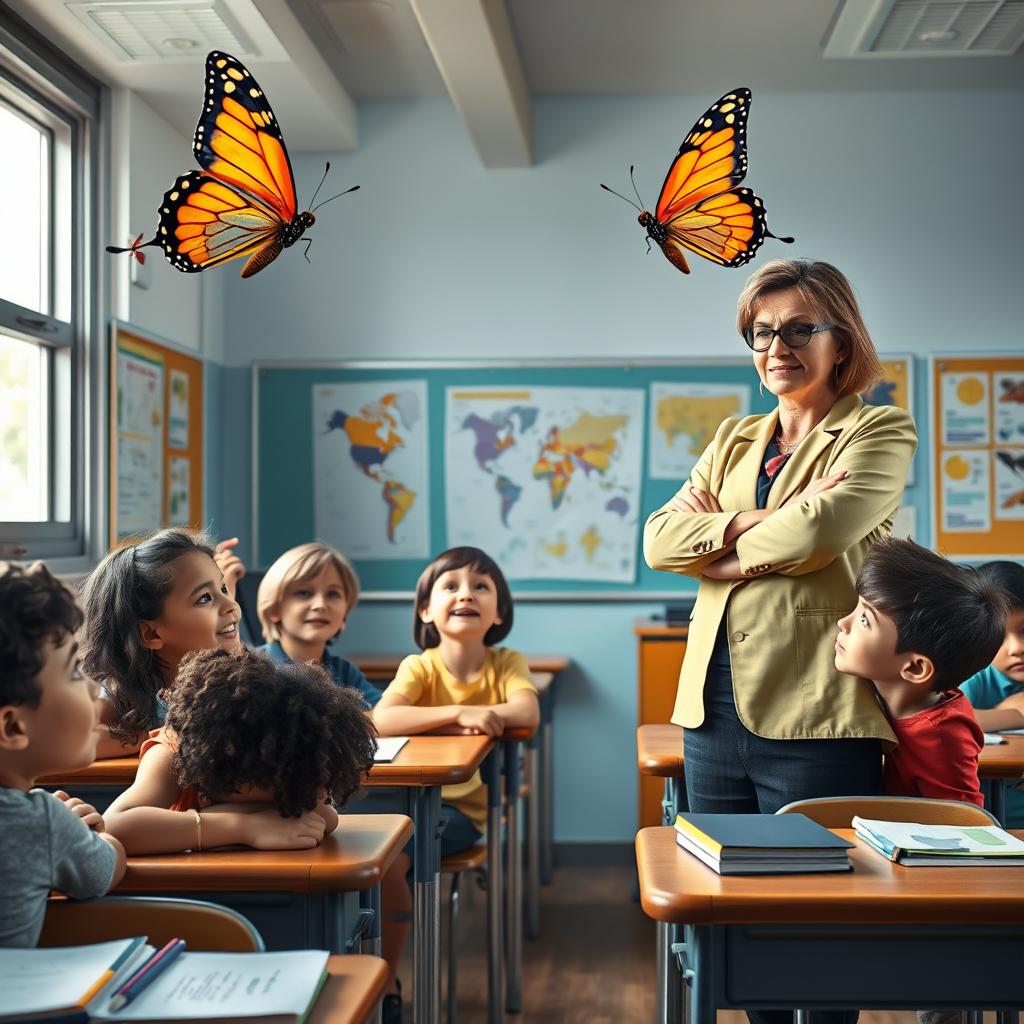 A vibrant classroom scene filled with ten diverse students of different ethnicities, gazing in awe at a colorful butterfly that has just fluttered in through a window