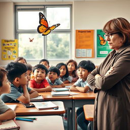 A vibrant classroom scene filled with ten diverse students of different ethnicities, gazing in awe at a colorful butterfly that has just fluttered in through a window