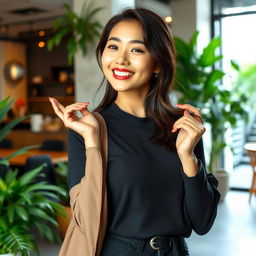 A beautiful Indonesian-Korean woman, 26 years old, with very large breasts, showcasing a relaxed and playful personality