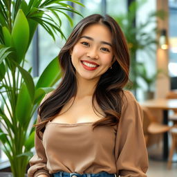 A beautiful Indonesian-Korean woman, 26 years old, with very large breasts, showcasing a relaxed and playful personality