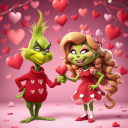 The Grinch, a mischievous green character with a sly grin, is joyfully holding hands with a female Grinch who has long, curly hair and a playful expression