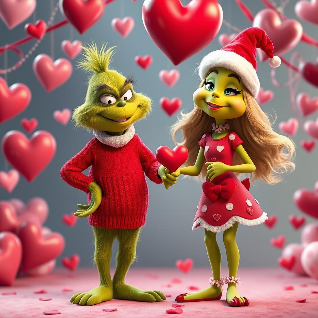 The Grinch, a mischievous green character with a sly grin, is joyfully holding hands with a female Grinch who has long, curly hair and a playful expression