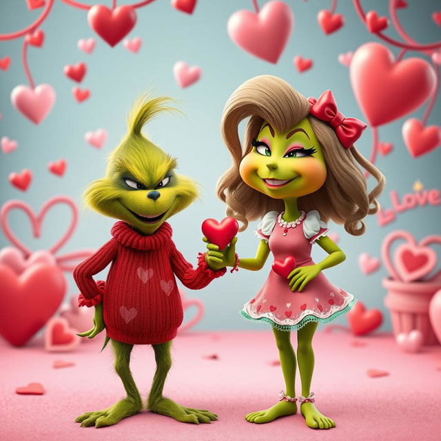 The Grinch, a mischievous green character with a sly grin, is joyfully holding hands with a female Grinch who has long, curly hair and a playful expression