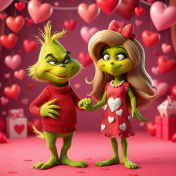The Grinch, a mischievous green character with a sly grin, is joyfully holding hands with a female Grinch who has long, curly hair and a playful expression