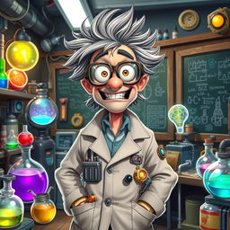 A character named Smitty Lobe, who is a quirky scientist with wild, unkempt gray hair and oversized glasses, wearing a lab coat filled with gadgets and tools