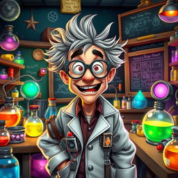 A character named Smitty Lobe, who is a quirky scientist with wild, unkempt gray hair and oversized glasses, wearing a lab coat filled with gadgets and tools