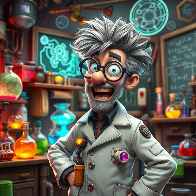 A character named Smitty Lobe, who is a quirky scientist with wild, unkempt gray hair and oversized glasses, wearing a lab coat filled with gadgets and tools