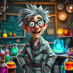 A character named Smitty Lobe, who is a quirky scientist with wild, unkempt gray hair and oversized glasses, wearing a lab coat filled with gadgets and tools