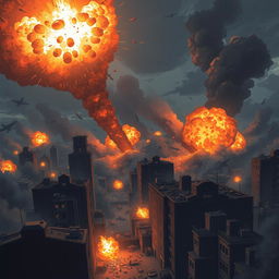 A dramatic scene depicting the chaos of war, with intense bombing occurring in a cityscape