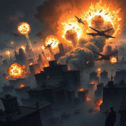 A dramatic scene depicting the chaos of war, with intense bombing occurring in a cityscape