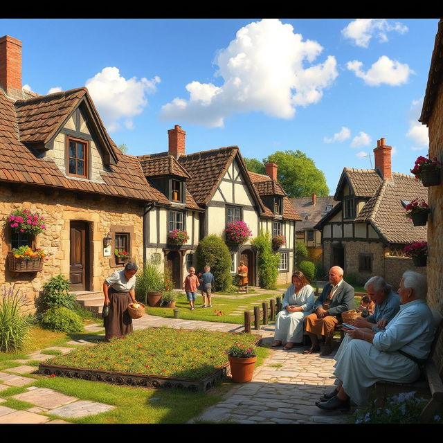 A picturesque scene set in an old village, showcasing villagers engaged in their daily activities in front of quaint, rustic houses