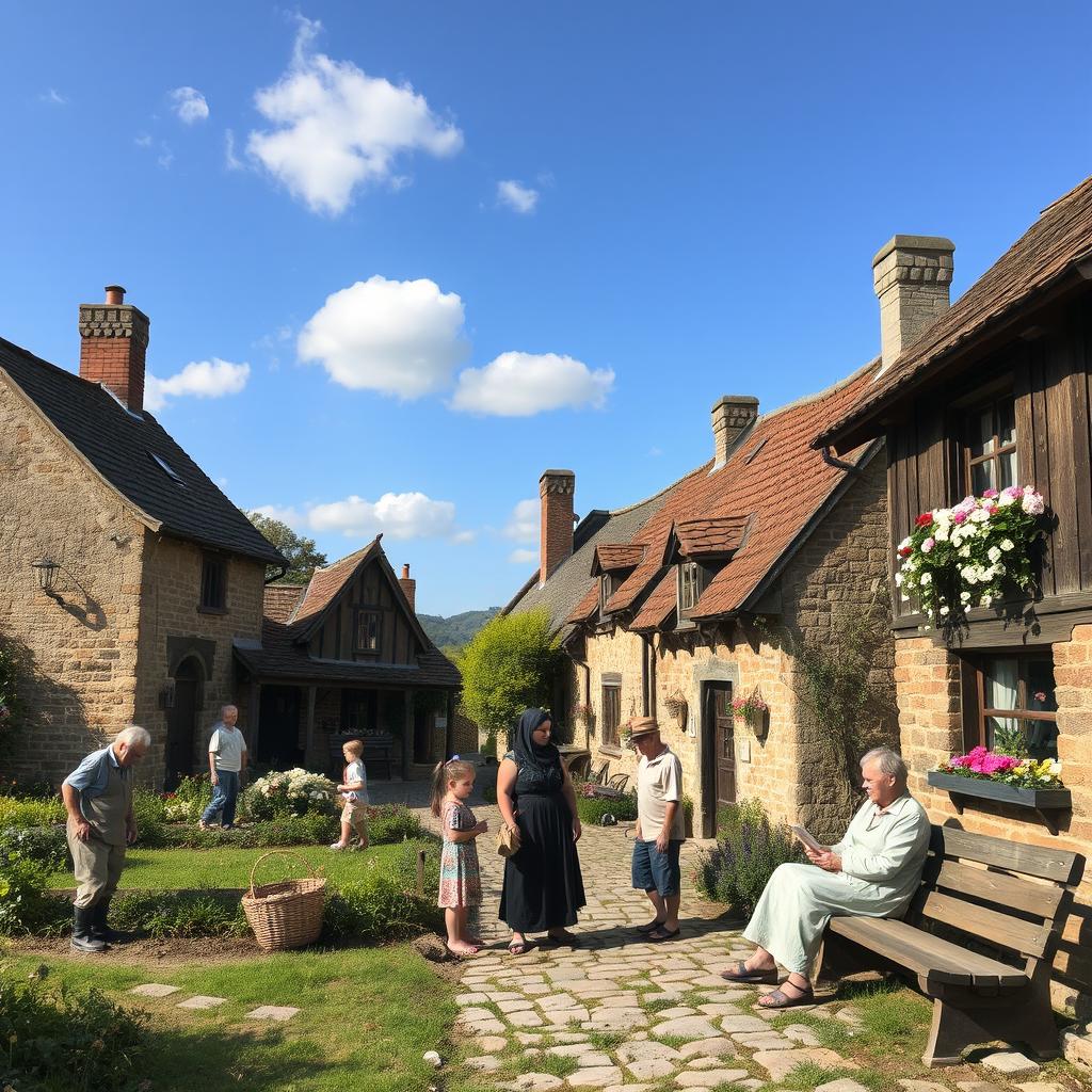 A picturesque scene set in an old village, showcasing villagers engaged in their daily activities in front of quaint, rustic houses