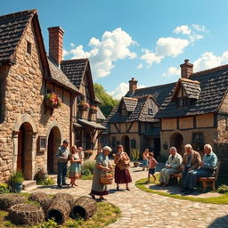 A picturesque scene set in an old village, showcasing villagers engaged in their daily activities in front of quaint, rustic houses