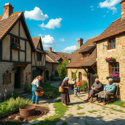 A picturesque scene set in an old village, showcasing villagers engaged in their daily activities in front of quaint, rustic houses
