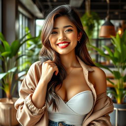 A beautiful Indonesian-Korean woman, 26 years old, with very large breasts, radiating a relaxed and playful demeanor