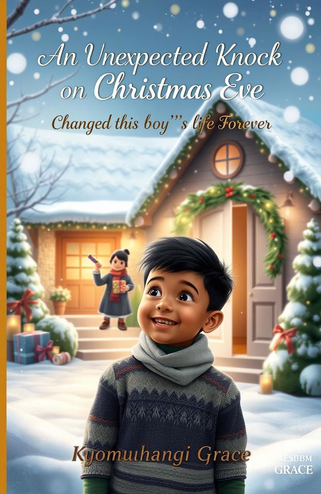 A heartwarming book cover design for *'An Unexpected Knock on Christmas Eve Changed This Boy’s Life Forever,'* by Kyomuhangi Grace