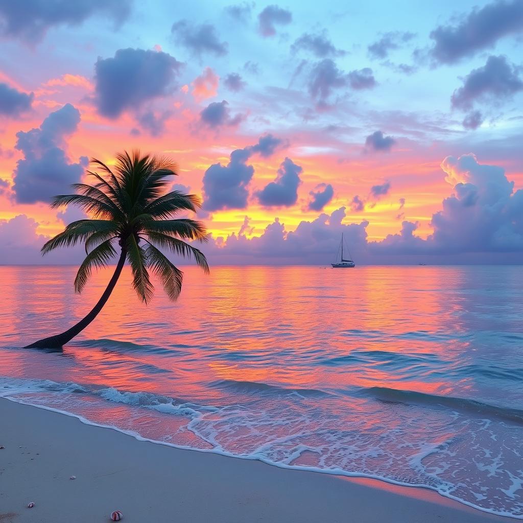A serene and tranquil sea landscape during sunset, with vibrant shades of orange, pink, and purple reflecting off the calm water