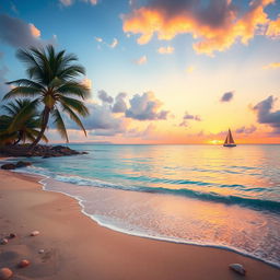 A serene and tranquil sea landscape during sunset, with vibrant shades of orange, pink, and purple reflecting off the calm water