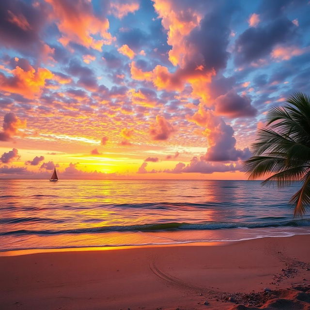 A serene and tranquil sea landscape during sunset, with vibrant shades of orange, pink, and purple reflecting off the calm water