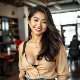 A beautiful Indonesian-Korean woman, 26 years old, with very large breasts, exuding a relaxed and playful vibe