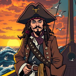 A stylized pirate scene featuring a charismatic pirate captain resembling Jack Sparrow, with long dark hair, a tricorn hat, an intricate bandana, and wearing a flamboyant frock coat adorned with various trinkets