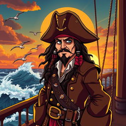 A stylized pirate scene featuring a charismatic pirate captain resembling Jack Sparrow, with long dark hair, a tricorn hat, an intricate bandana, and wearing a flamboyant frock coat adorned with various trinkets