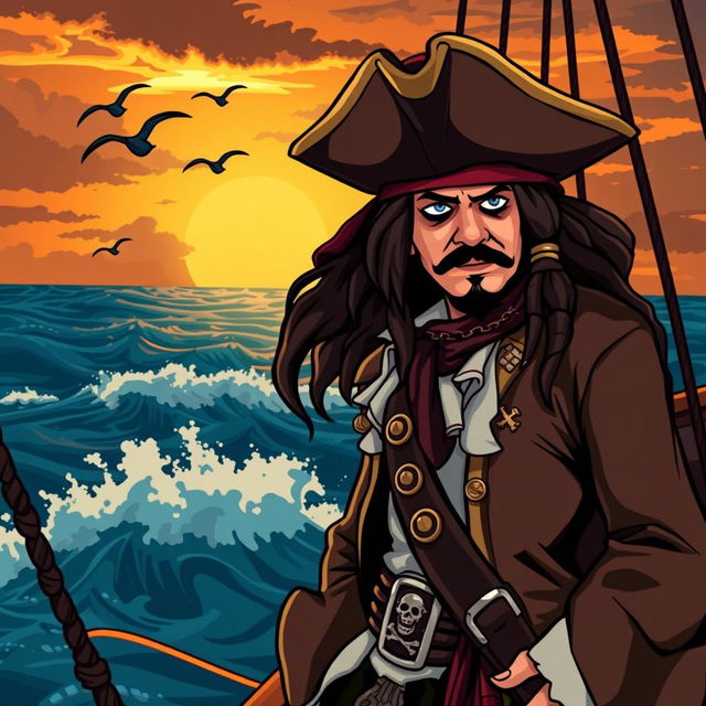 A stylized pirate scene featuring a charismatic pirate captain resembling Jack Sparrow, with long dark hair, a tricorn hat, an intricate bandana, and wearing a flamboyant frock coat adorned with various trinkets