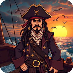 A stylized pirate scene featuring a charismatic pirate captain resembling Jack Sparrow, with long dark hair, a tricorn hat, an intricate bandana, and wearing a flamboyant frock coat adorned with various trinkets