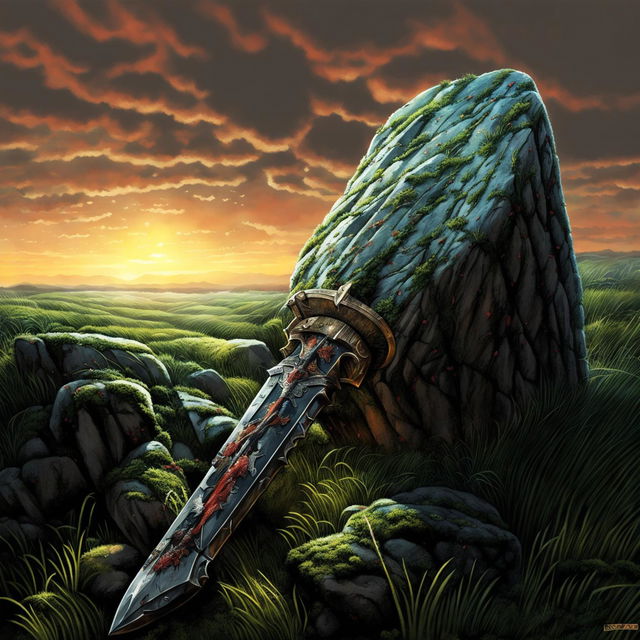 A high-quality digital art image depicting a scene of a massive sword, similar to Guts' sword from Berserk, embedded in a large, moss-covered stone in the middle of a grassy field during sunset