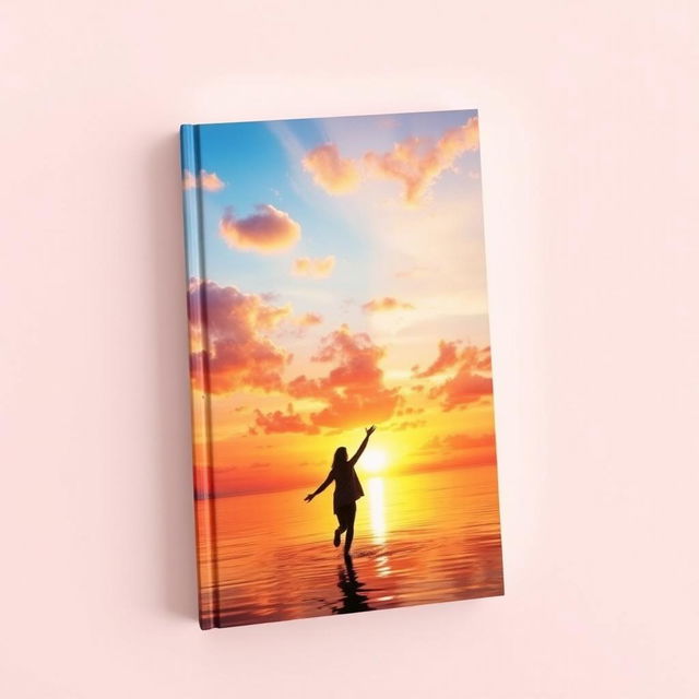 A captivating book cover design featuring a stunning sunrise or sunset casting warm hues across a calm water surface